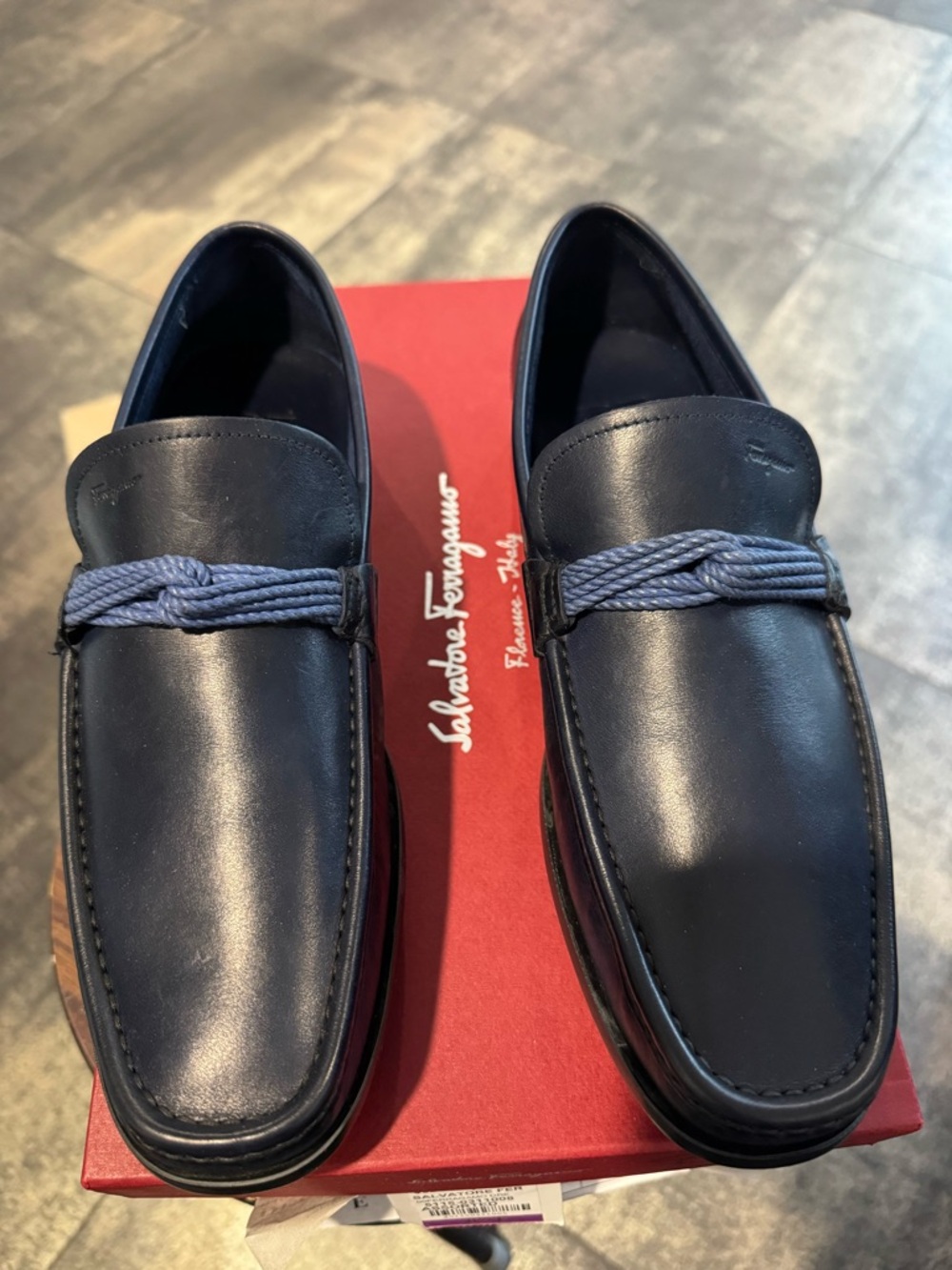 Salvatore Ferragamo Navy Leather Slip-On Loafers with Braided Accent size 8.5